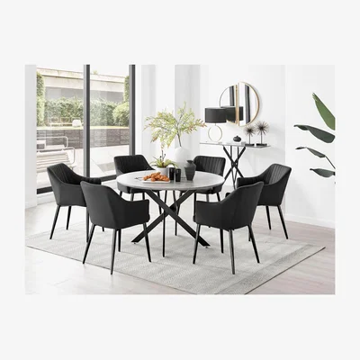 The Range Novara Grey Concrete Black Leg 120cm Dining Table  6 Calla Black Leg Chairs - Black