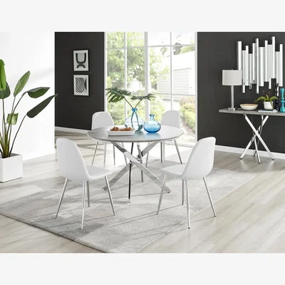 The Range Novara Grey Concrete 120cm Round Dining Table And 4 Corona Silver Leg Chairs - White / Dining Table & 4 Chairs