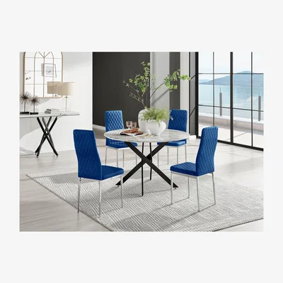 The Range Novara White Marble Black Leg 120cm Round Dining Table and 4 Velvet Milan Chairs - Navy