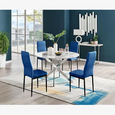 The Range Novara White Marble 120cm Round Dining Table and 4 Velvet Milan Black Leg Chairs - Navy