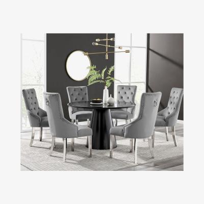 The Range Palma Black Semi Gloss Round Dining Table and 6 Belgravia Chairs - Grey