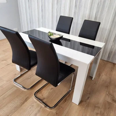 The Range Dining Table Set of 4 Faux Leather Padded Chairs High Gloss Wood Kitchen Set - Black White