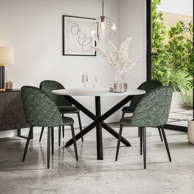 The Range Malvern Marble Effect Top Round Dining Table & 4 Raye Velvet Chairs - Green