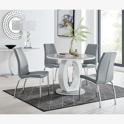 The Range Giovani Grey White Gloss Glass 100cm Round Dining Table And 4 Isco Chairs - Grey