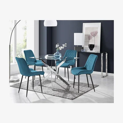 The Range Leonardo 4 Table and 4 Pesaro Black Leg Chairs - Blue