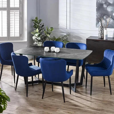The Range Olympus Black Marble Effect Table and Luxe Chairs Set - Blue
