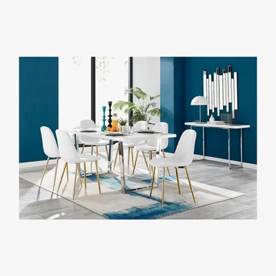 The Range Kylo White High Gloss Dining Table  6 Corona Gold Leg Chairs - White