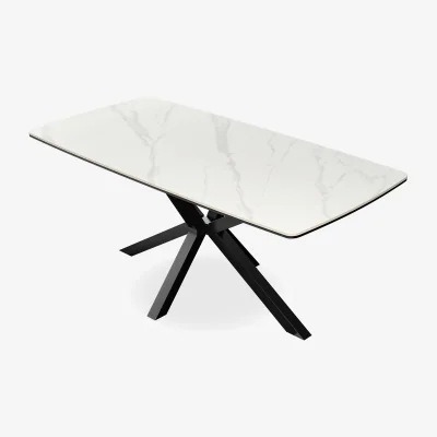 The Range Juno White Marble Table Top W Black Legs + Raye Velvet Dining Chair Set Of 6 - Grey