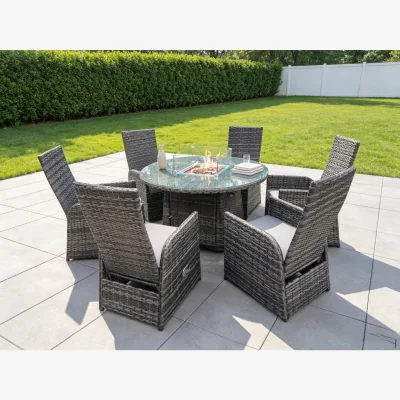 The Range Rattan 6 Seater Gas Fire Pit Round Dining Set - Dark Grey Mixed