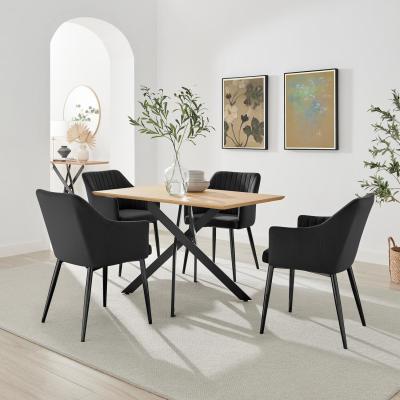 The Range Leonardo Oak Effect Dining Table  4 Calla Black Velvet Chairs - Black