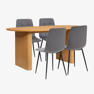 The Range Grey and Oak Oval Fluted Dining Table Set Axel Birlea - Brown