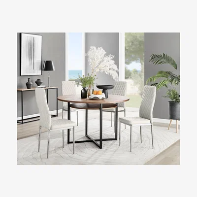 The Range Adley Brown Wood Dining Table and 4 Velvet Milan Chairs - Cream