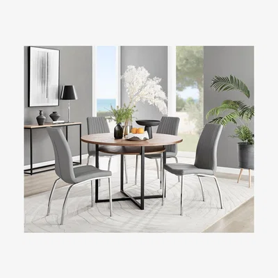 The Range Adley Brown Wood Storage Dining Table and 4 Isco Chairs - Grey