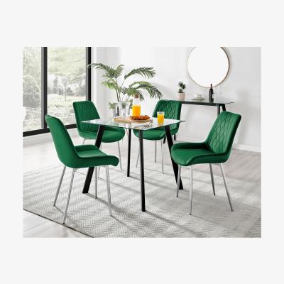 The Range Seattle Glass and Black Leg Square Dining Table and 4 Pesaro Silver Chairs - Green