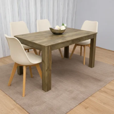 The Range Modern Rustic Effect Wood Dining Table With 4 Cream Plastic Chairs Dining Room Furniture - Brown