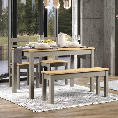 The Range Linea Grey 1200mm Table, Bench Seat and 2 Chairs   - Grey washed wax