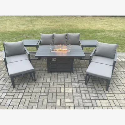 The Range Fimous Aluminium Patio Dining Set with Gas Fire Pit, 8-Piece Dark Grey - Dark Grey