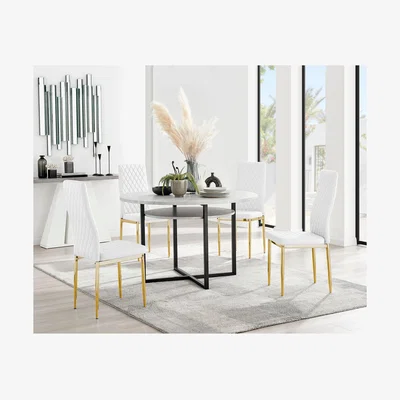 The Range Adley Grey Concrete Effect Storage Dining Table and 4 Milan Gold Leg Chairs - White