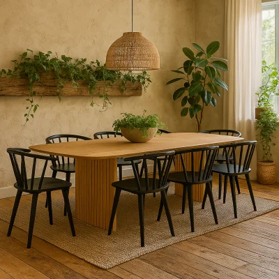 The Range Wyld Haus Swansea 220cm Oak Veneer Dining Set with 6 Black Rubberwood Chairs - Natural