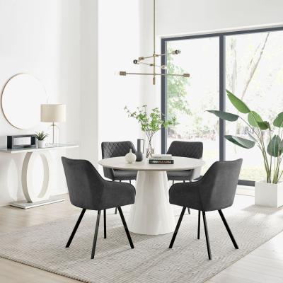 The Range Palma Beige Stone Effect Round Dining Table and 4 Falun Black Leg Chairs - Dark Grey