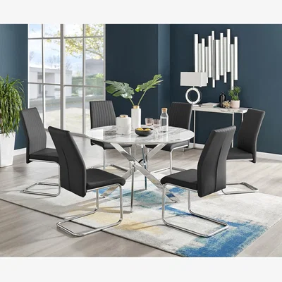 The Range Novara White Marble Effect 120cm Dining Table and 6 Lorenzo Chairs - Black