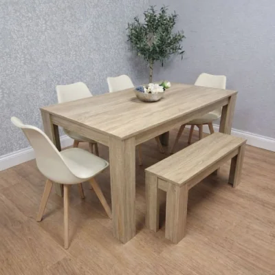 The Range Oak Effect Dining Table Set With 4 Cream Plastic Chairs And Bench Dining Furnitu - Cream