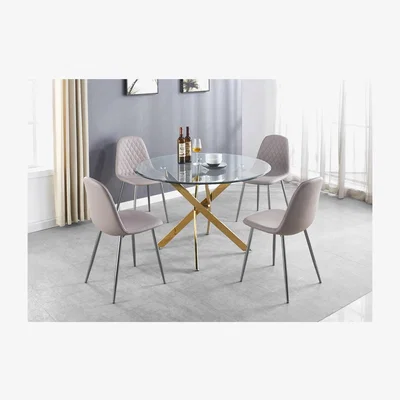 The Range Novara Gold Metal Large Round Dining Table with 6 Corona Silver Chairs Set - Yellow