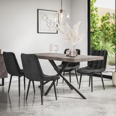 The Range Donni Dining Table And Chairs - Concrete Effect Table w 4-6 Nova Velvet Chair - Black / 4