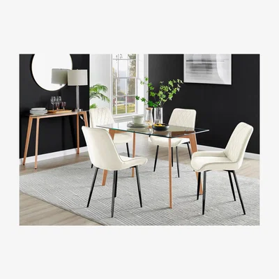 The Range Malmo Glass and Wooden Leg Dining Table and 4 Pesaro Black Leg Chairs - Cream