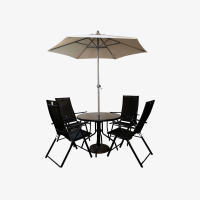 The Range 4 Person Round Glass Top Patio Dining Table Chairs with Cream Parasol - Black