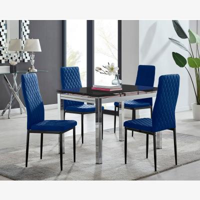 The Range Enna Black Glass Extending Dining Table and 4 Velvet Milan Black Leg Chairs - Navy