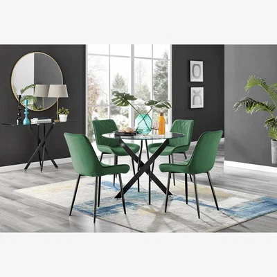 The Range Novara Black Leg Round Glass Dining Table With 4 Pesaro Black Leg Chairs - Green