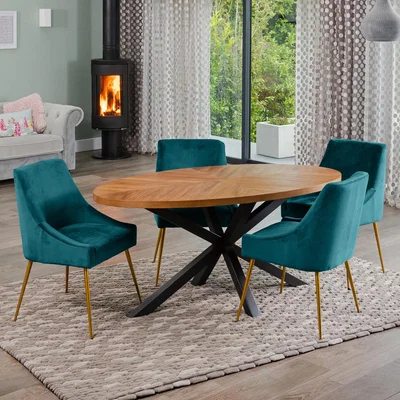 The Range Dossena Oval Dining Table Set with 4 Lograto Velvet Chairs - Teal