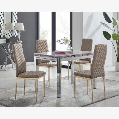 The Range Enna White Glass Extending Dining Table and 4 Gold Leg Milan Chairs - Cappuccino