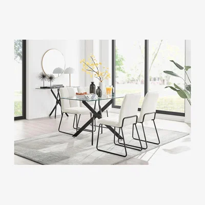 The Range Leonardo Black Leg Glass Modern Kitchen Dining Table and 4 Halle Chairs - Cream