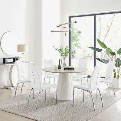 The Range Palma Beige Stone Effect Round Dining Table and 6 Isco Chairs - White