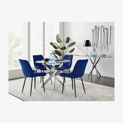 The Range Novara 100cm Round Dining Table and 4 Pesaro Black Leg Chairs - Blue