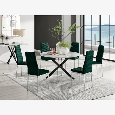 The Range Novara White Marble Black Leg 120cm Round Dining Table and 6 Velvet Milan Chairs - Green