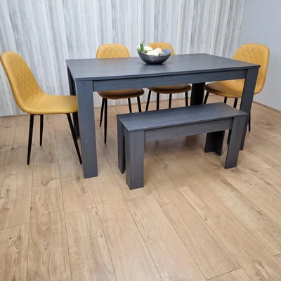 The Range Grey Dining Table with 4 Stitched Mustard Chairs and 1 Bench Dining Set - Charcoal
