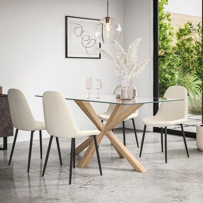 The Range Etta Glass Dining Table Set w Oak Legs w 4-6 Maya Boucle Chairs - Ivory White / 4