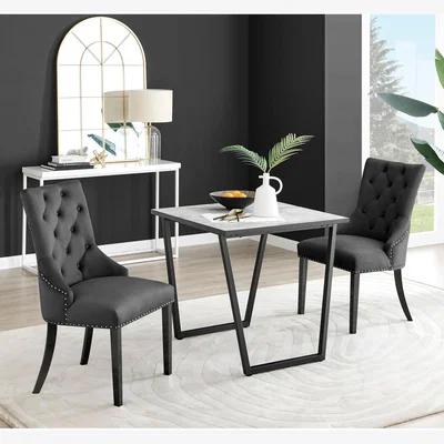 The Range Carson White Marble Effect Square Dining Table and 2 Belgravia Black Leg Chairs - Black