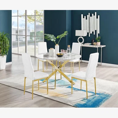 The Range Novara White Marble Effect Gold Leg 120cm Dining Table  4 Milan Gold Leg Chairs - White