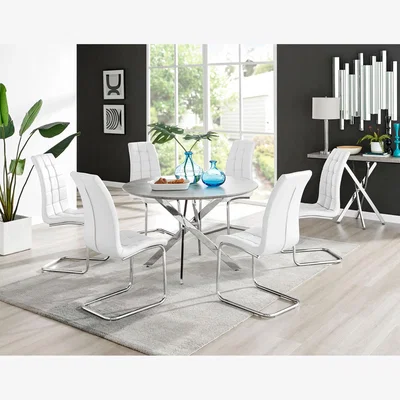 The Range Novara Grey Concrete Effect 120cm Round Dining Table And 6 Murano Chairs - White