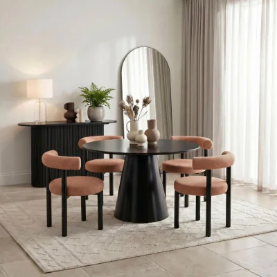 The Range Palma Round Black Semi Gloss Dining Table 4 Isola Chairs - Terracotta