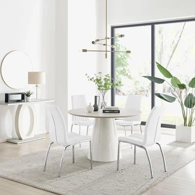 The Range Palma Beige Stone Effect Round Dining Table and 4 Isco Chairs - White