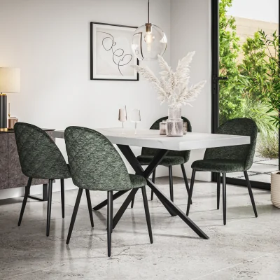 The Range Donni White Marble Top Rectangle Dining Table & 4 Raye Velvet Chairs - Green