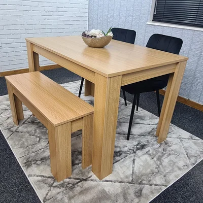 The Range Oak Wooden Table with 2 Tufted Velvet Black Chair and 1 Bench Dining Set - Oak Black