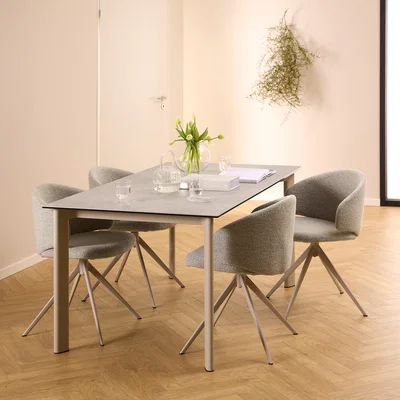 The Range Palermo Ceramic Dining Table in Grey 160x90cm includes 4 Ella Swivel Beige Dining Chairs - Grey & Beige