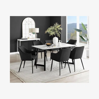 The Range Carson White Marble Effect Dining Table and 6 Calla Black Leg Chairs - Black
