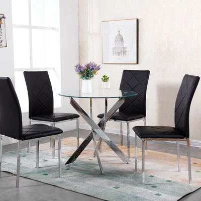 The Range WestWood Glass Round Dining Table and 4 Chairs Set - Black